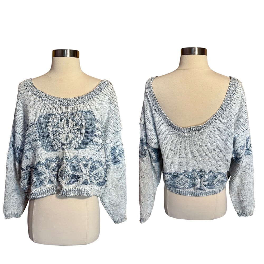Vintage 90s Nuovo Knit Southwestern Cropped Long Sleeve Blue White Crop Sweater